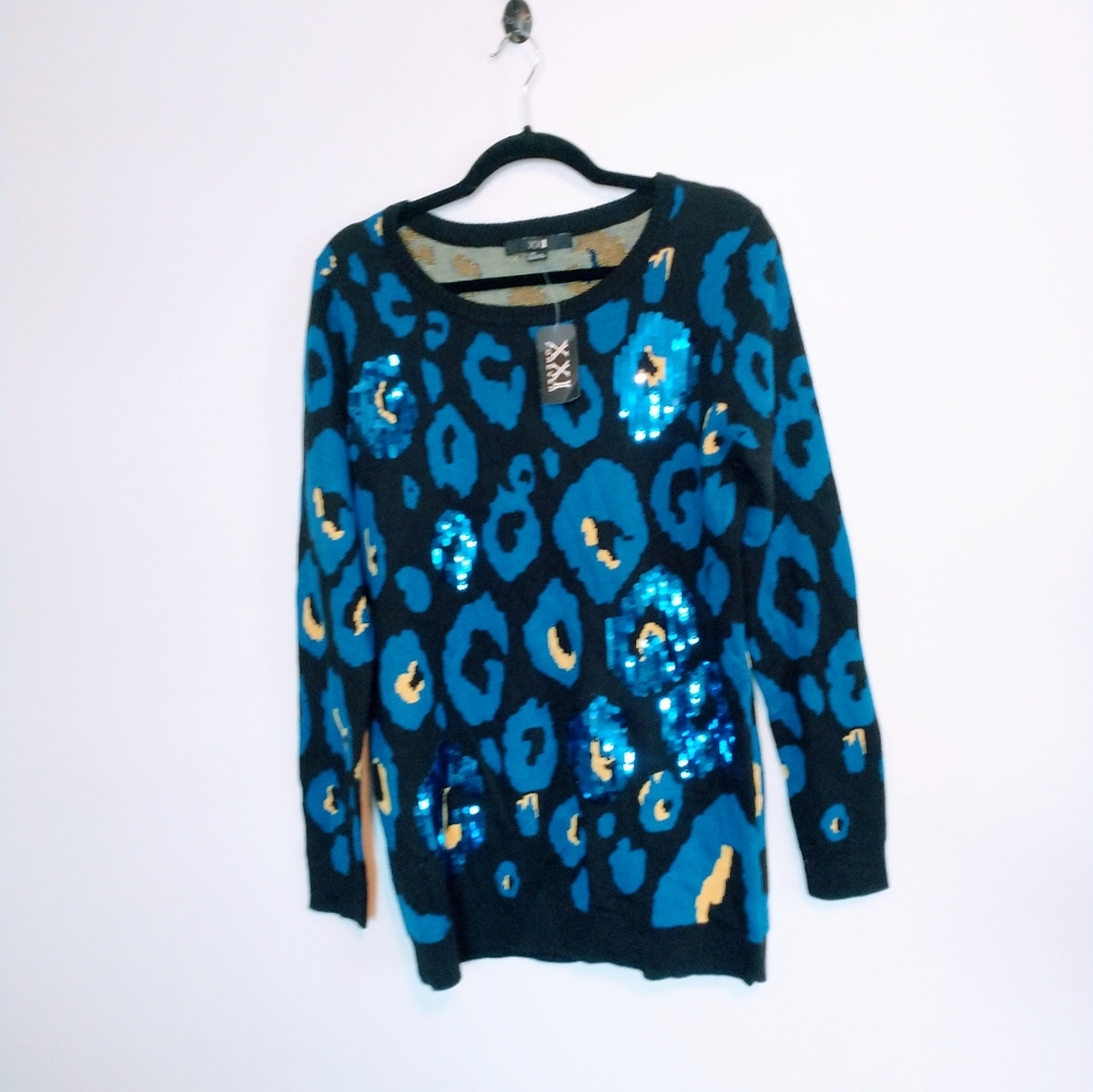 NWT Forever21 blue and black leopard print sweater with sequins.  Size large